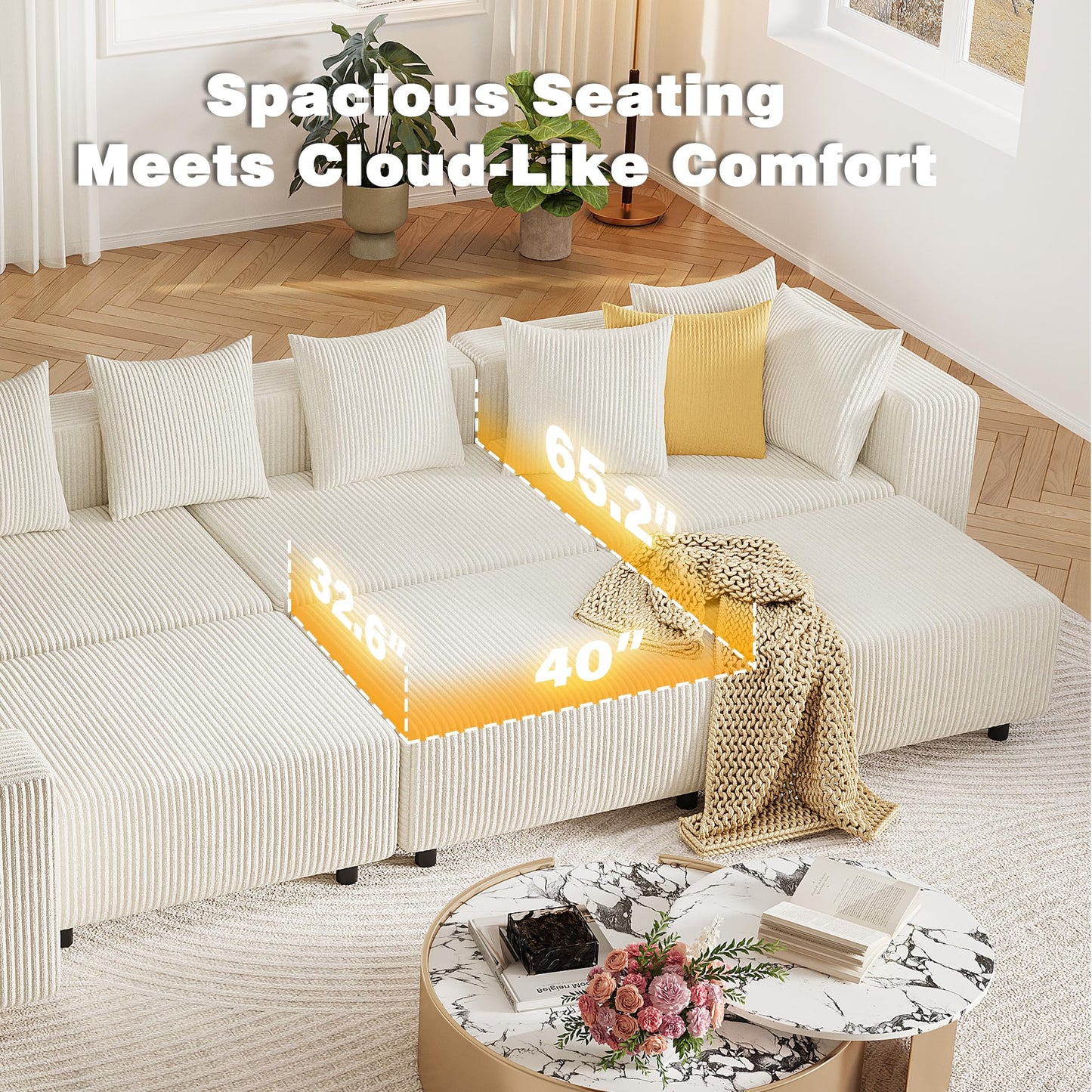 Modern Oversized Modular Sectional Sofa, Boneless Cloud Loveseat with Legs, Corduroy Big Comfy Deep Seat Sofa for Living Room & Apartment（Beige,106″Loveseat）