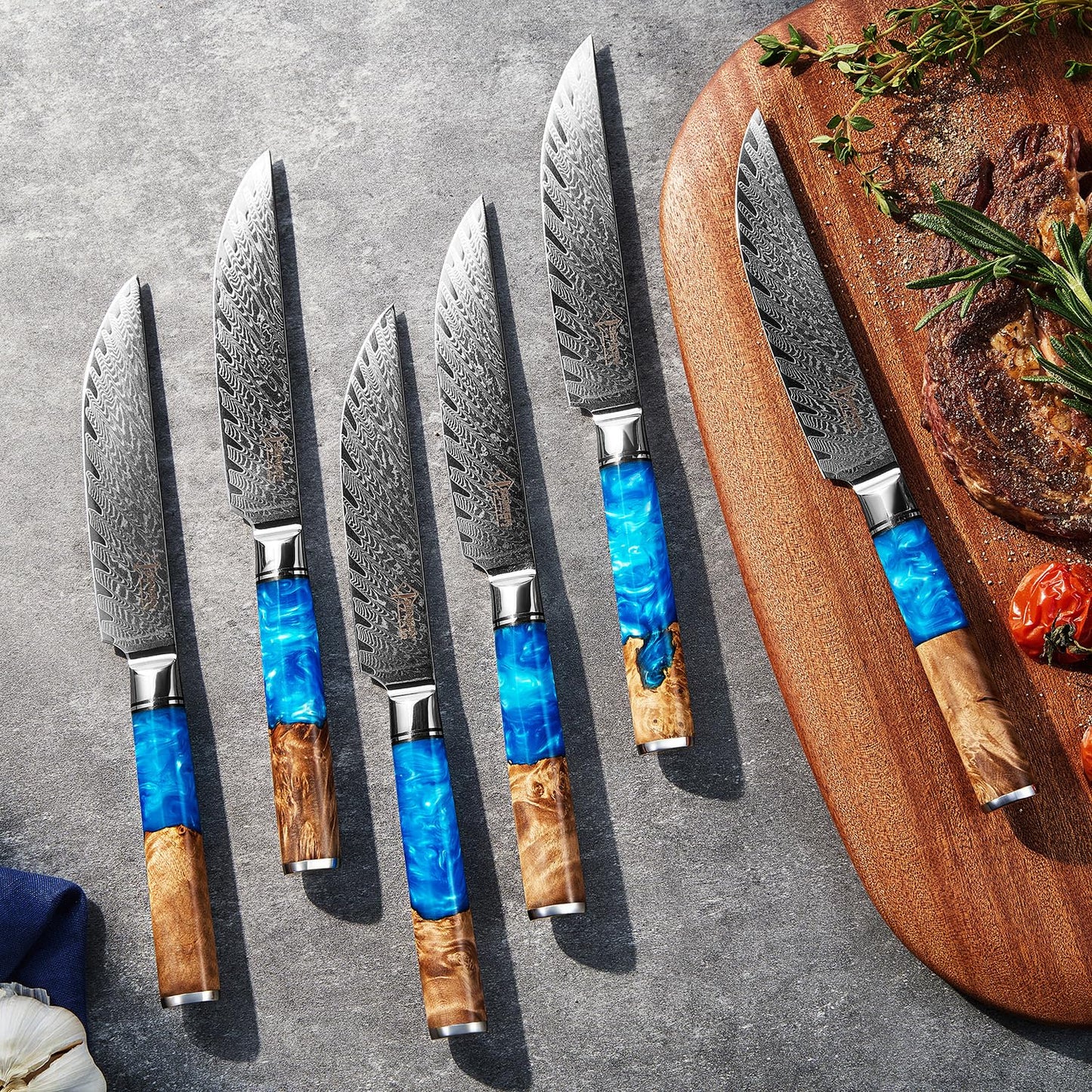 SENKEN Damascus Steak Knife Set - Tsunami Collection - 67-Layer Japanese VG10 Steel - Razor Sharp Non-Serrated Blades, Blue Resin & Natural Wood Pattern Handles, Luxury Gift Box (6 Steak Knife Set)