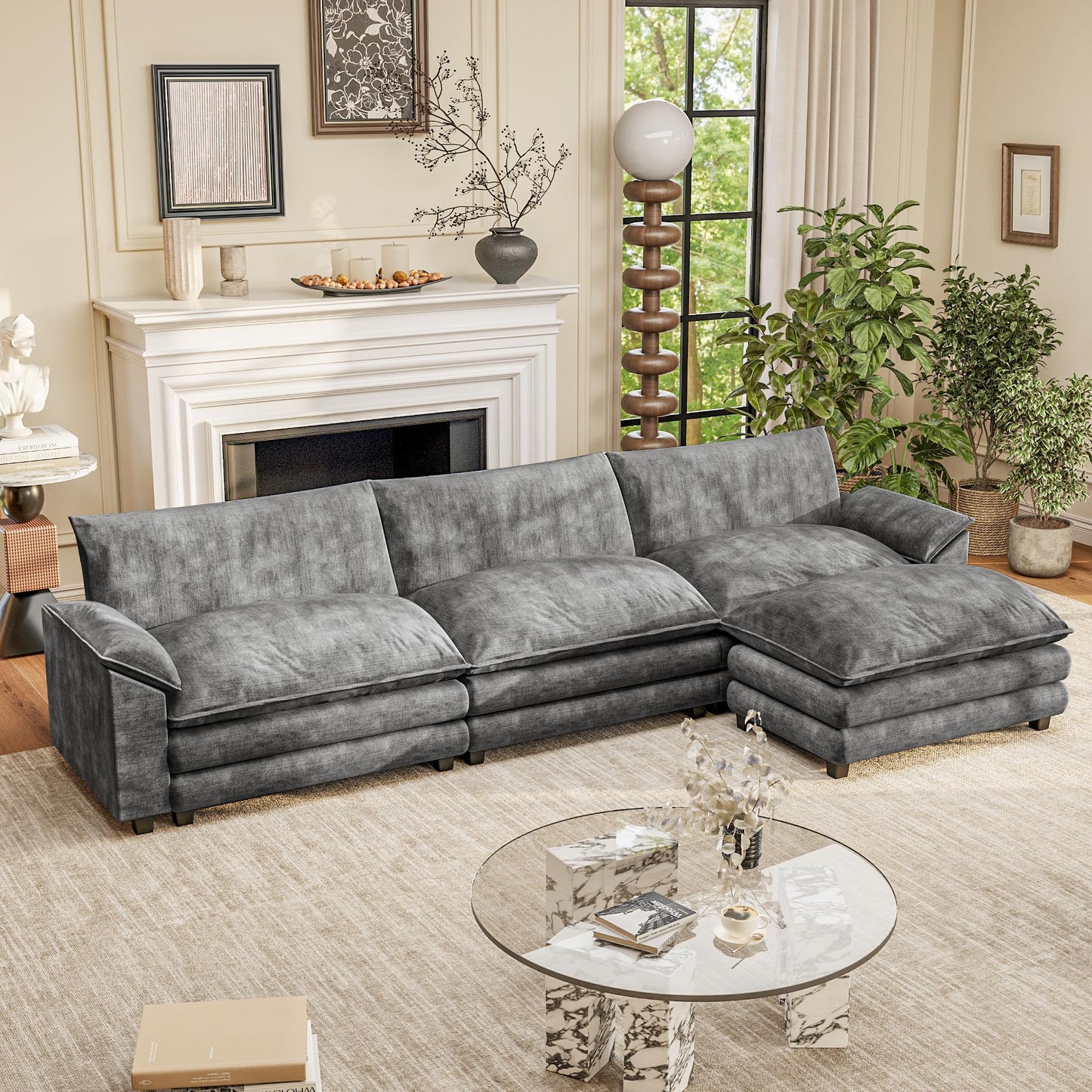 Furniwell 119" Modular Couch 3-Seat Sofa with Reversible Ottoman, Cloud Couch L Shaped Sofa with Deep Seat, Chenille Sectional Couches for Living Room
