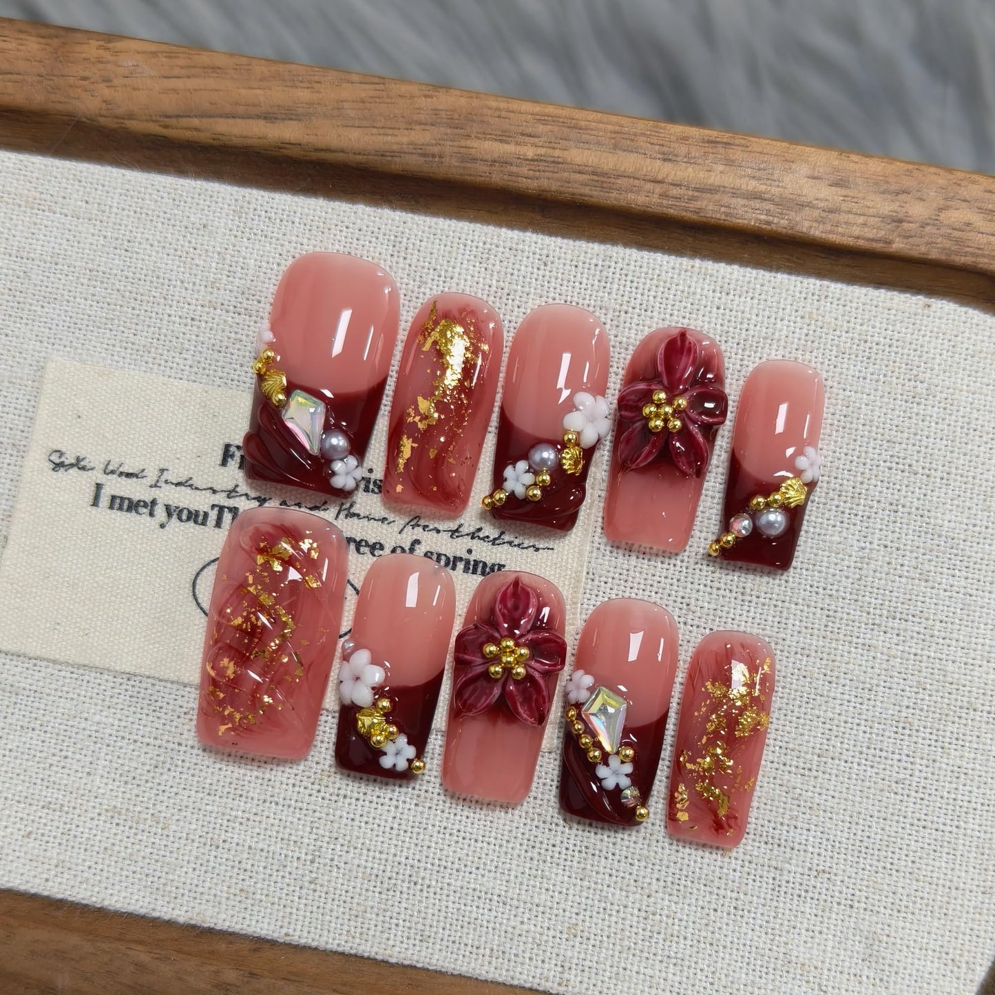 TENPAL Wine Red French Tips Press on Nails Medium Coffin, Ombre 5D Flower Pearl Sweet Sexy Glitter Handmade Fake Nails Reusable Daily Wear Salon Acrylic False Nails for Women 10PCS(M)
