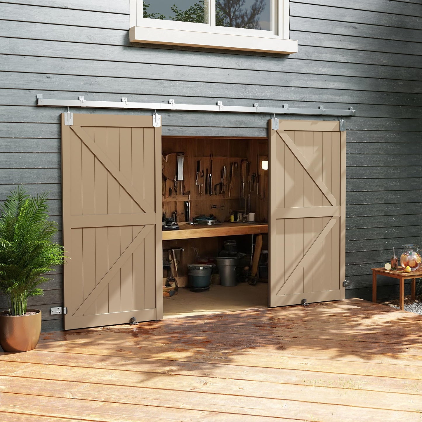 JUBEST 14FT Box Rail Exterior Barn Door Hardware Kit, Heavy Duty Sliding Door Track Kit Wall Mount Door Hardware Kit for Two Doors System(Doors Not Included), Silver