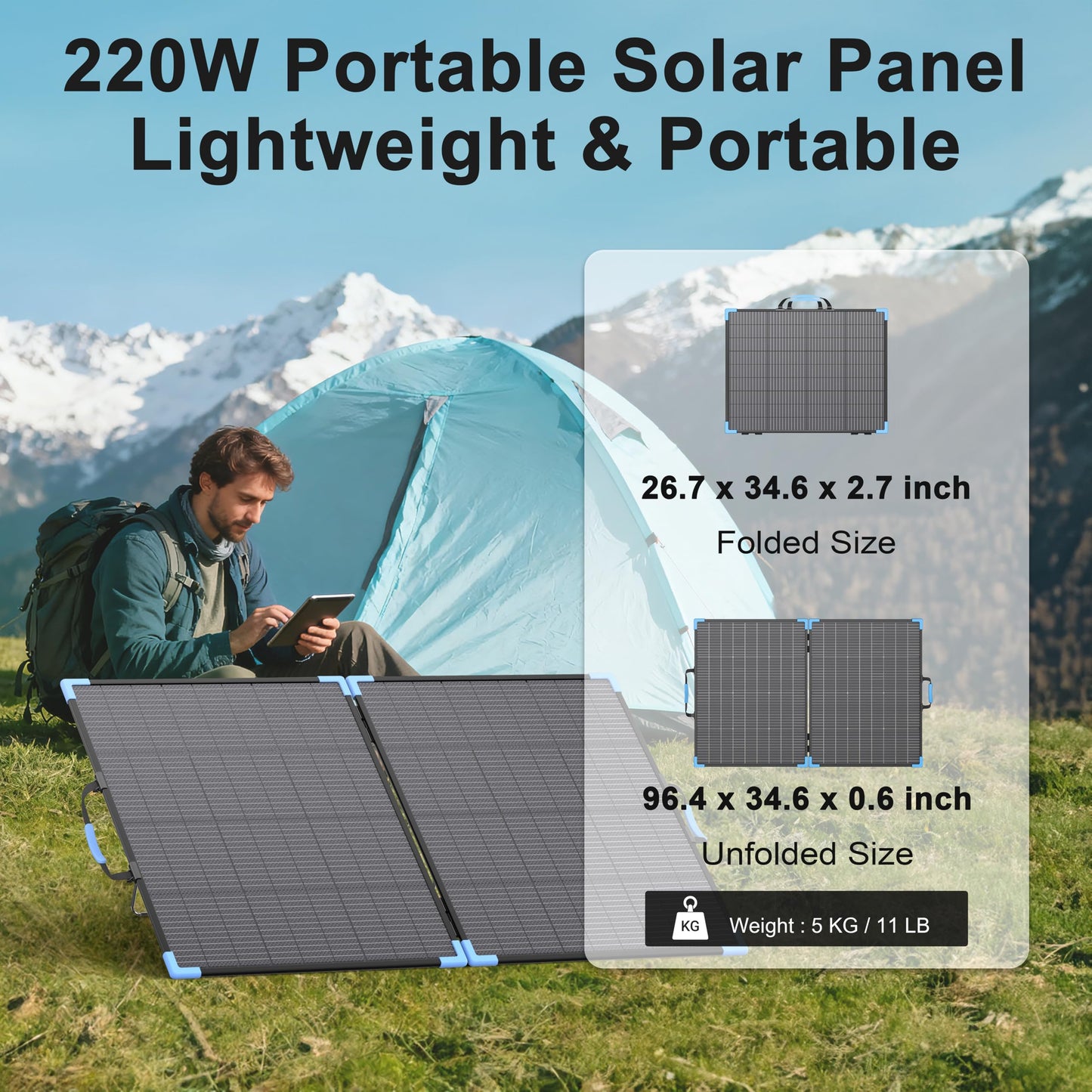 E-POWO 220W Bifacial Portable Solar Panel for Power Station, 23.5% High Efficiency ETFE Foldable Solar Charger for Camping Essentials,IP68 Waterproof 2 Reinforced Kickstands for RV Off-Grid Blackouts