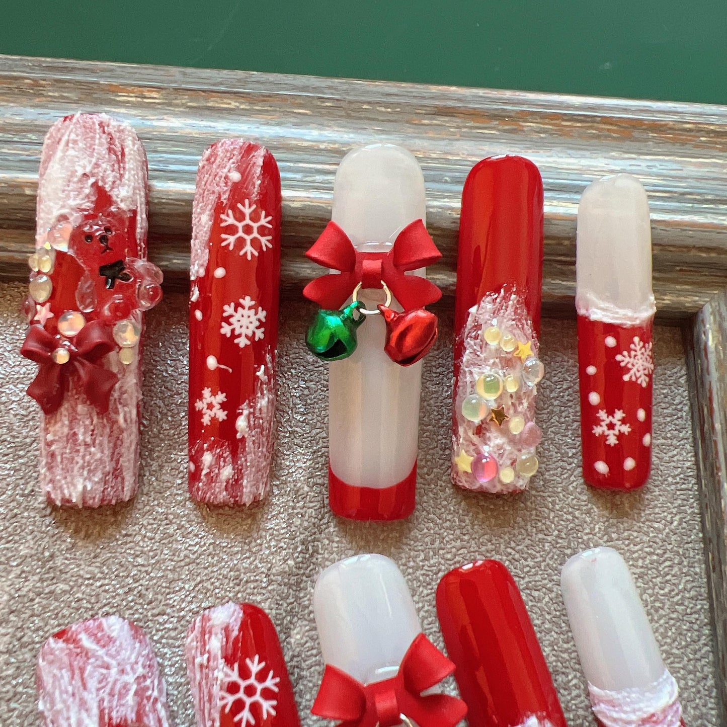NAIL ANGEL 10PCS/SET Glamorous Handmade Press On Nails Christmas Xmas Holiday Snowman Bell Snowflake French Style Long Coffin Nails Party Nails XXL Long Artifical Tips ZJ-13 (ZJ13, S)