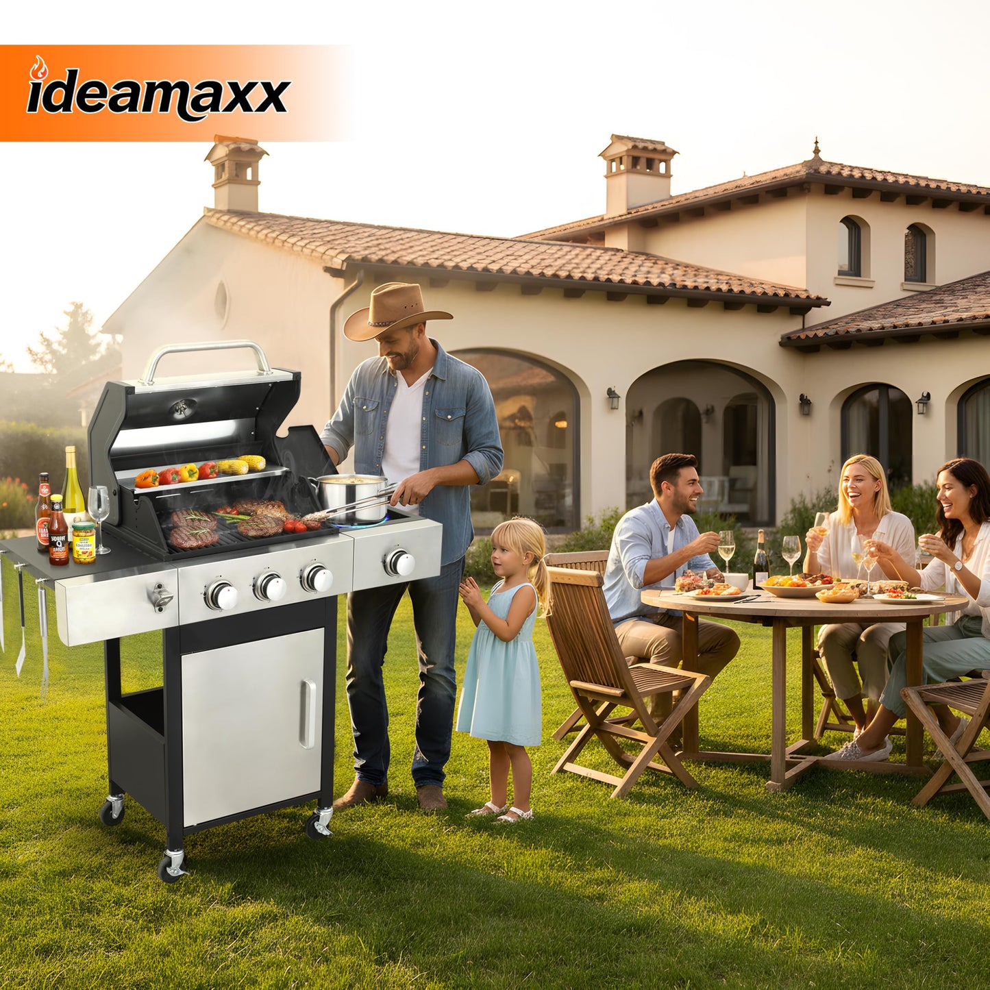 IdeaMaxx 3-Burner Propane Grill for Backyard - 37,230 BTU BBQ with Side Burner, Porcelain Cast Iron Grates, Stainless Steel Outdoor Grill for Camping & Tailgating, Fast Heating