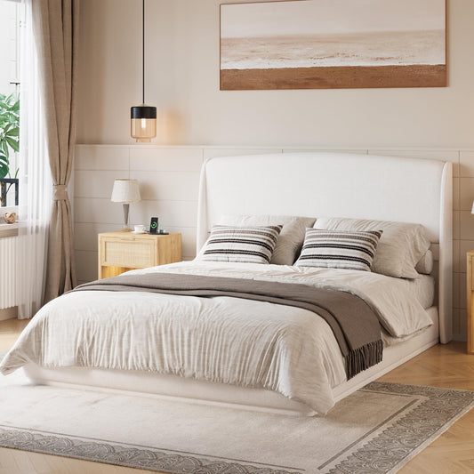 Merax Queen Bed Frame with Wingback Headboard, Low Profile Platform Bed, Linen Fabric, No Box Spring Needed, Wood Slat Support, Easy Assembly, Beige