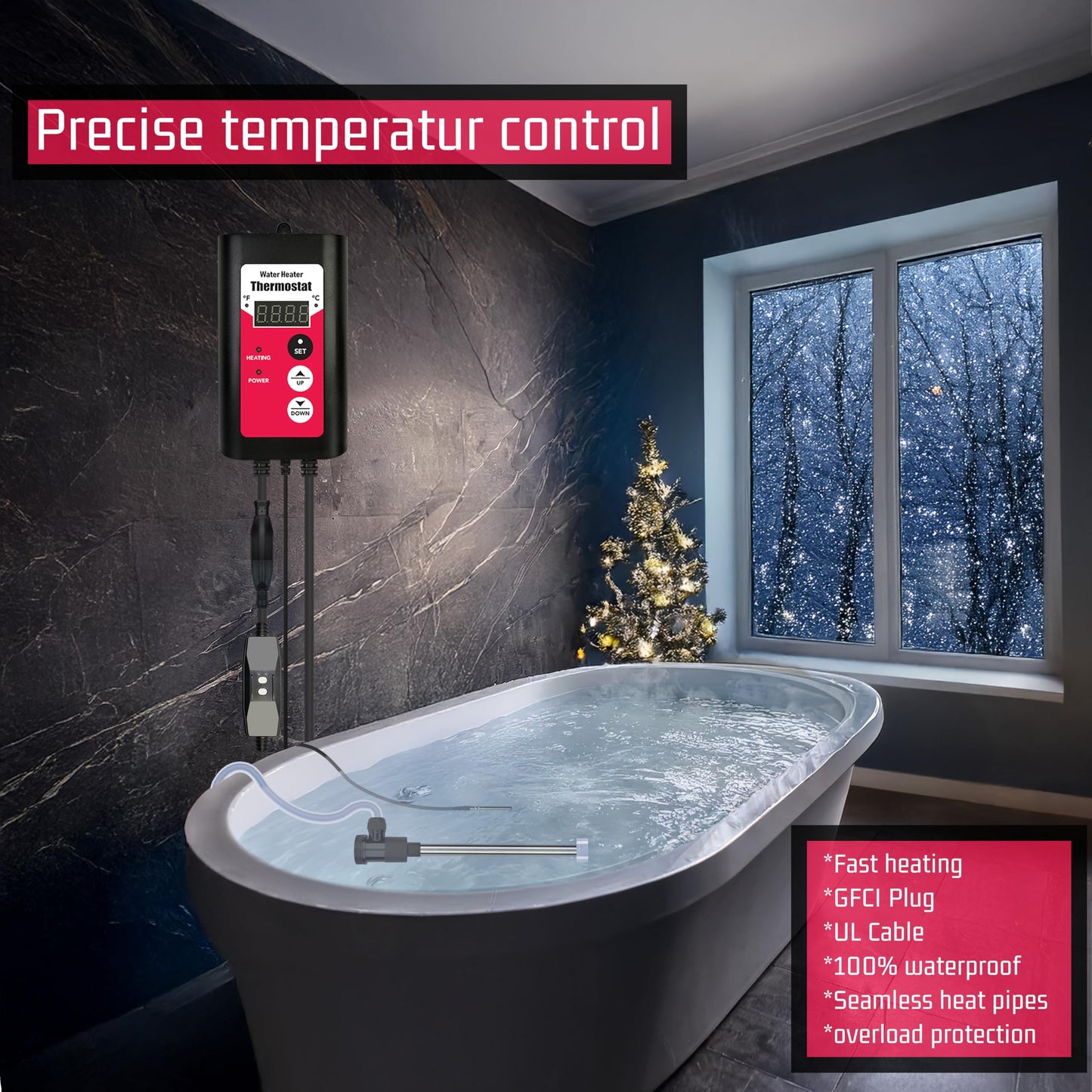 YLboyLIAN 240V 3000W Titanium Submersible Electric Immersion Water Heater with Thermostat & GFCI – Portable Heater for Swimming Pools, inflatable pool, Above Ground Pool, Baptistry, Spa Tubs & Hot Tub