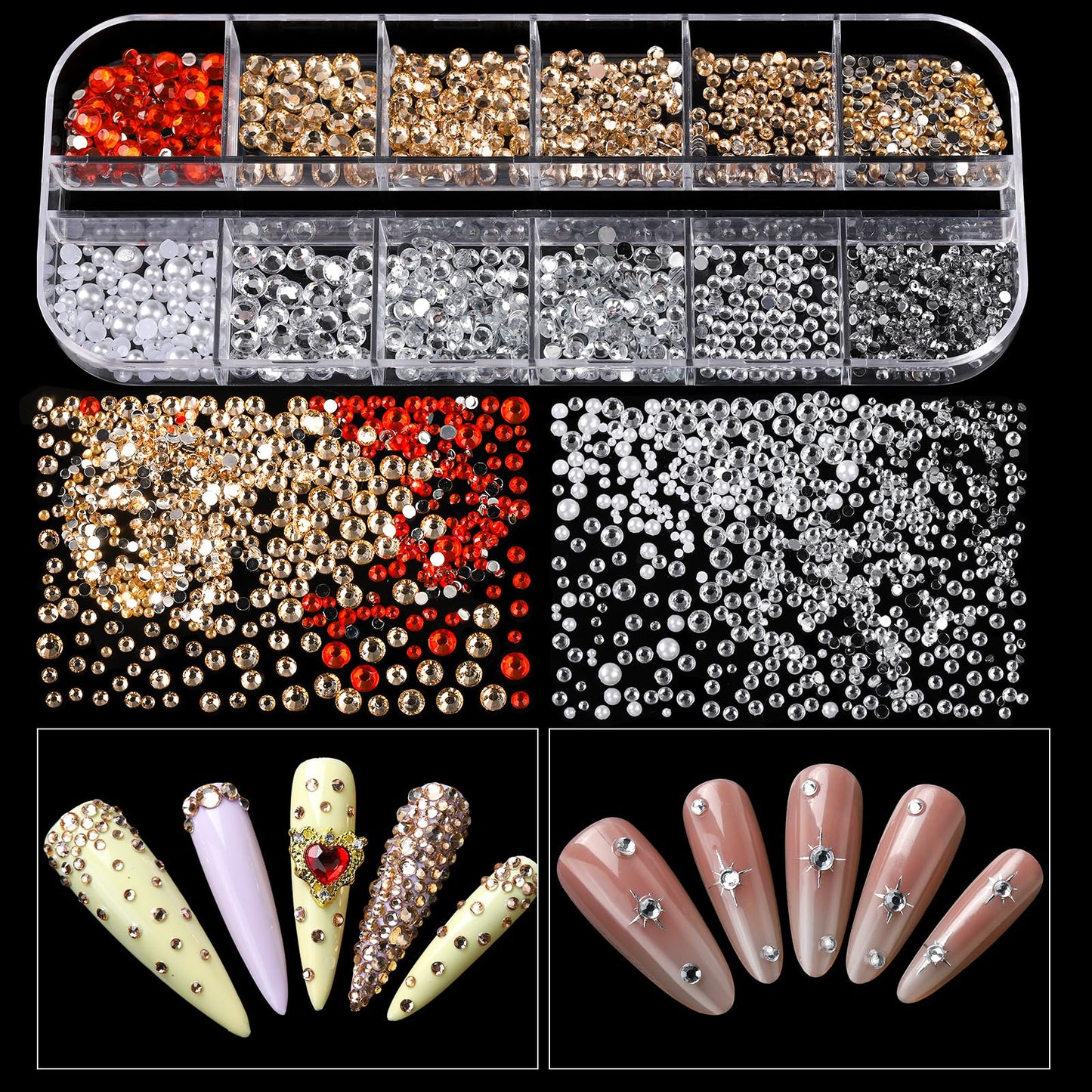 Teenitor Nail Charms and Gems with Nail Stickers, 6 Boxes Silver & Gold Nail Gems and Rhinestones Kit for Women, 3D Nail Art Rhinestones Nail Pearls, Caviar Beads for Nails,Y2K & Cross Nail Charms