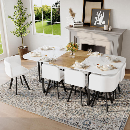 KEIKI 79" Dining Table Set for 8, Rectangular Kitchen Table Set with White Faux Marble & Wood Grain Top, Modern Dining Room Set with 8 White Faux Leather Chairs, Large Family Dining Table Furniture