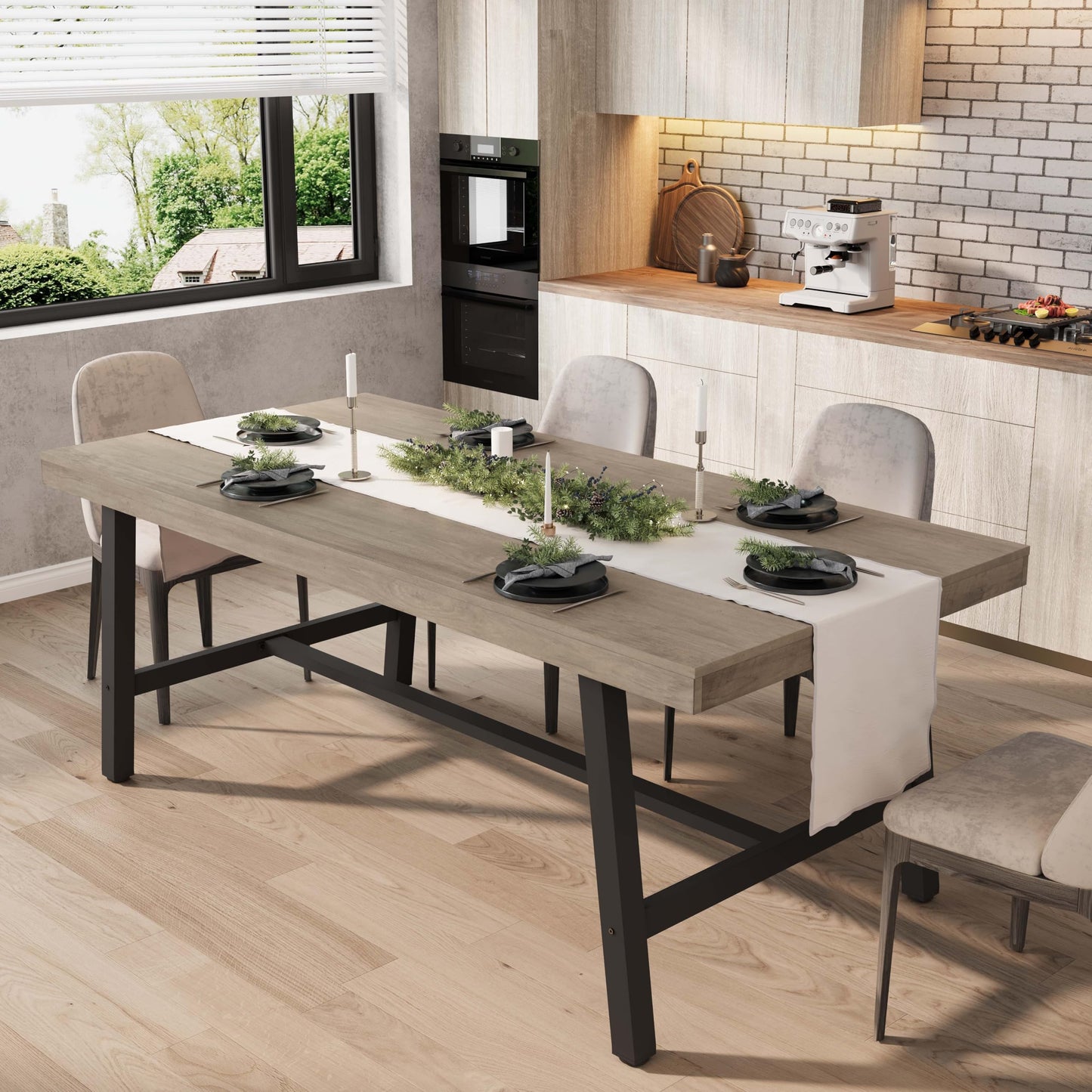 GarveeHome Industrial Dining Table for 6-8 People, 70.87" Long Wooden Kitchen Table with Sturdy Metal Frame & Grey Finish, Seats 6 Rectangular Counter for Dinner, Kitchen, Dining Room - Grey
