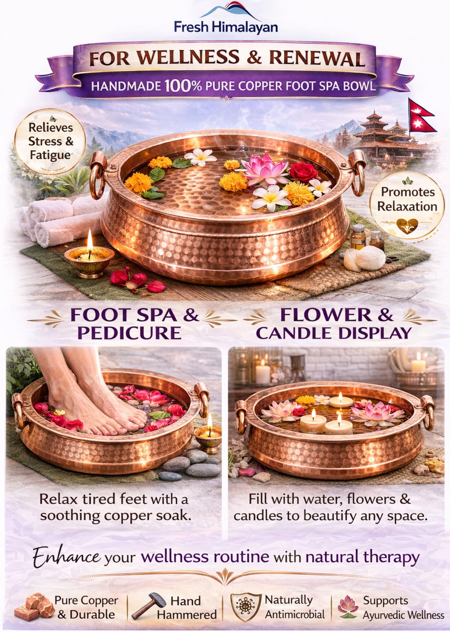 Pure Copper Khadkulo 11"-12” Foot Soak Bowl – Hand Hammered Nepali Foot Spa Basin for Pedicure & Relaxation – Compact Size for Small to Medium Feet – Decorative Flower & Candle Display