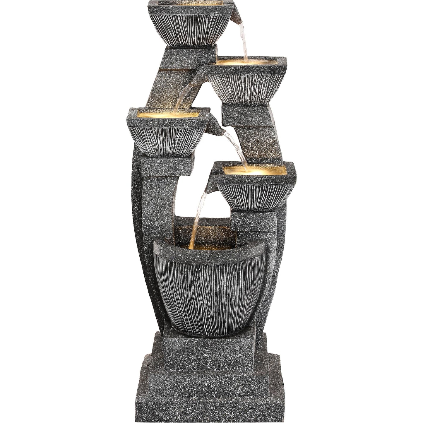 Ultym 40.5" Outdoor Fountain, Four-Column & Bowls Water Feature with LED Lights, Modern Resin Soothing Cascading Waterfall for Patio, Backyard, Garden or Porch