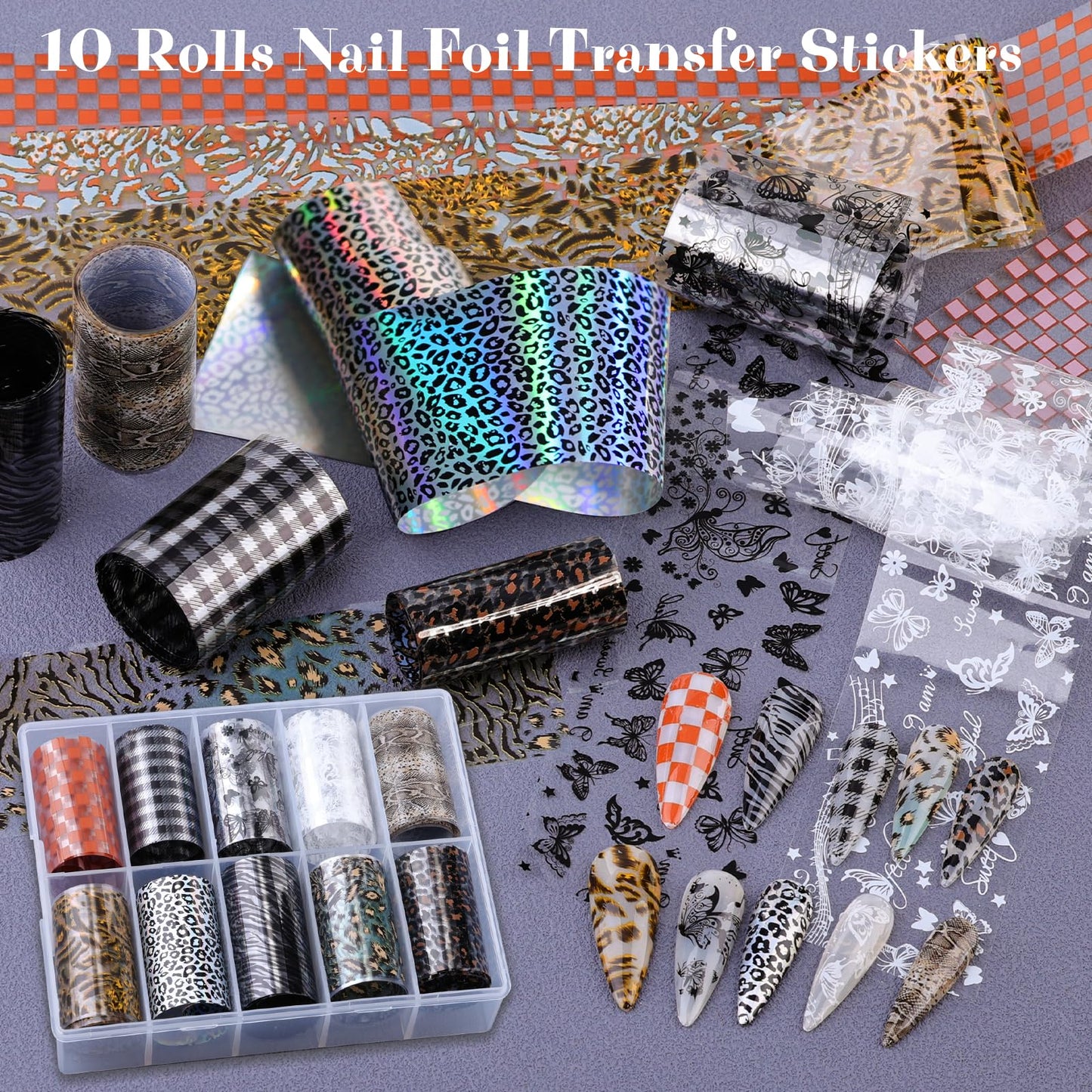 10 Rolls Nail Art Foils Transfer Stickers, Butterfly Plaid Snake Leopard Lace Nail Decals for Acrylic Gel Nails, Holographic Nail Foil Sticker Transfers Supplies for Women Manicure Tips Pegatinas Uñas