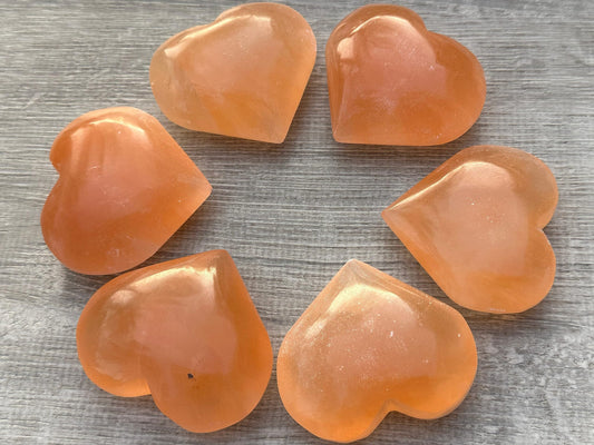 Orange Selenite Gemstone Hearts, Polished Orange Selenite Puffy Hearts, Orange Selenite Crystal Palm Stone, Orange Selenite Healing Crystal Hearts (1 Heart)