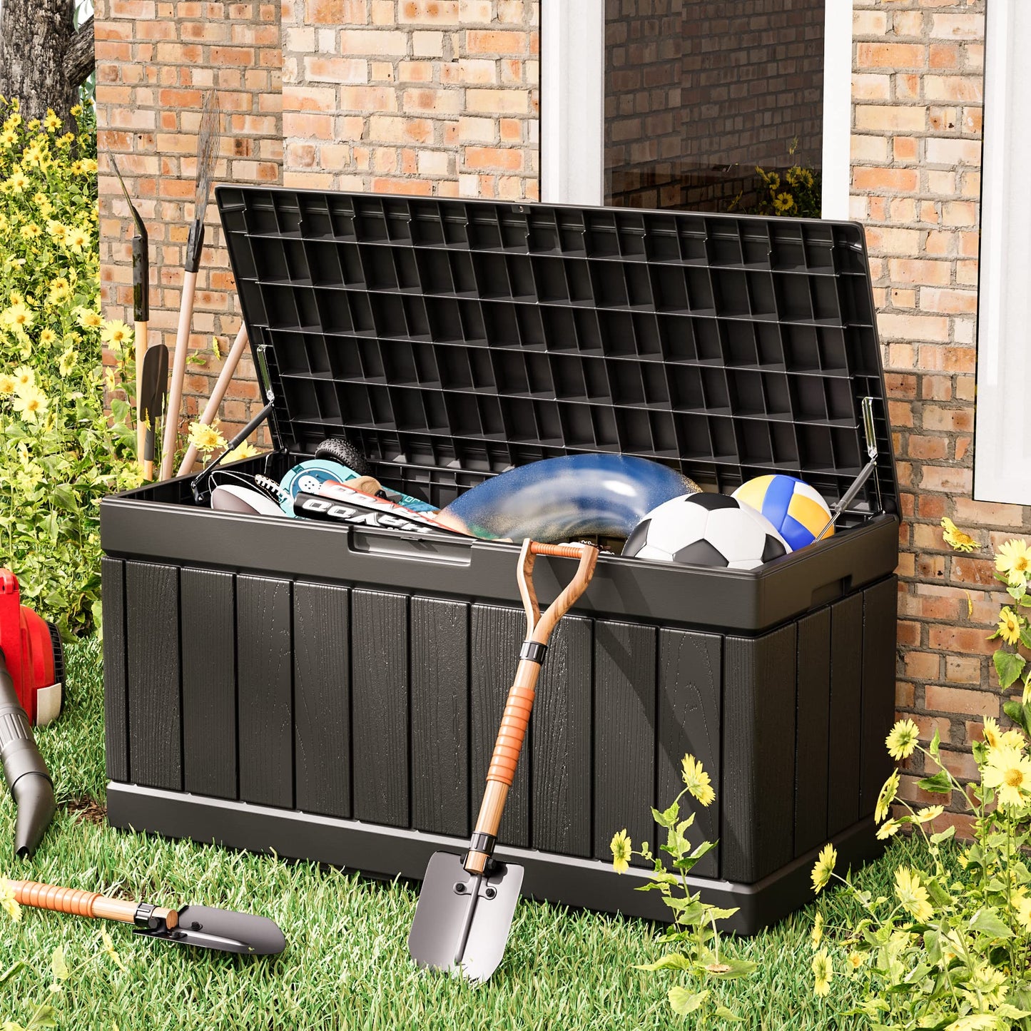 Greesum 82 Gallon Resin Deck Box All Weather Large Outdoor Storage for Patio Furniture, Toys, Garden Tools, Lockable, Black