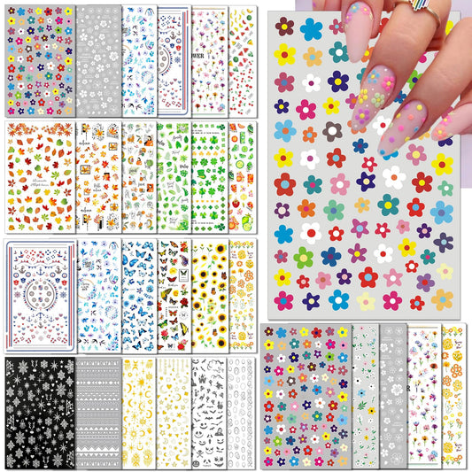 IDDFEVE 30 Sheets All Holiday Nail Art Stickers, Variety Pack Seasonal Nail Decals, Self-Adhesive Colorful Design for Daisy Flowers Butterflies Star Halloween Christmas