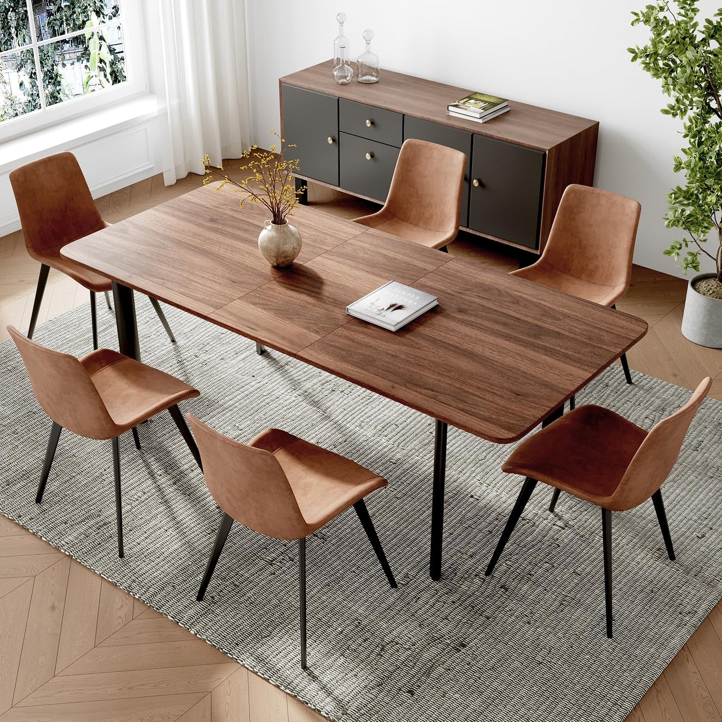 HIPIHOM 63"- 78.7" Extendable Dining Table Set for 6, Modern Kitchen Table with 6 Dining Chairs, Thickened Expandable Wooden Table with Metal Legs for Dining Room, Kitchen