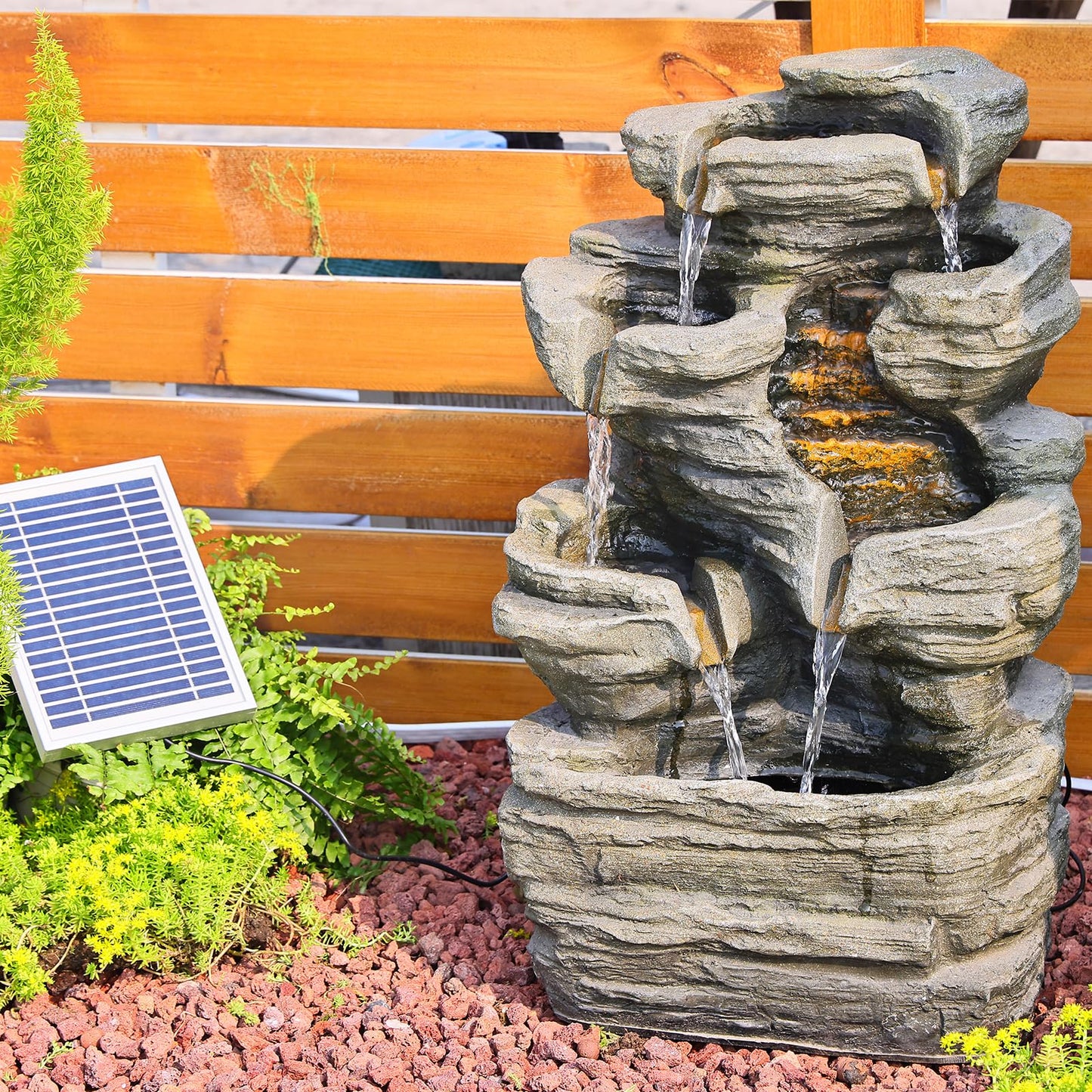 Bumilgar 6 Tier Cascading Rock Solar Water Fountain Outdoor Garden Waterfall Decor for Garden, Patio, Backyard, Deck, Porch and Home Art Decor,24.4" H Outdoor Fountain with LED Lights