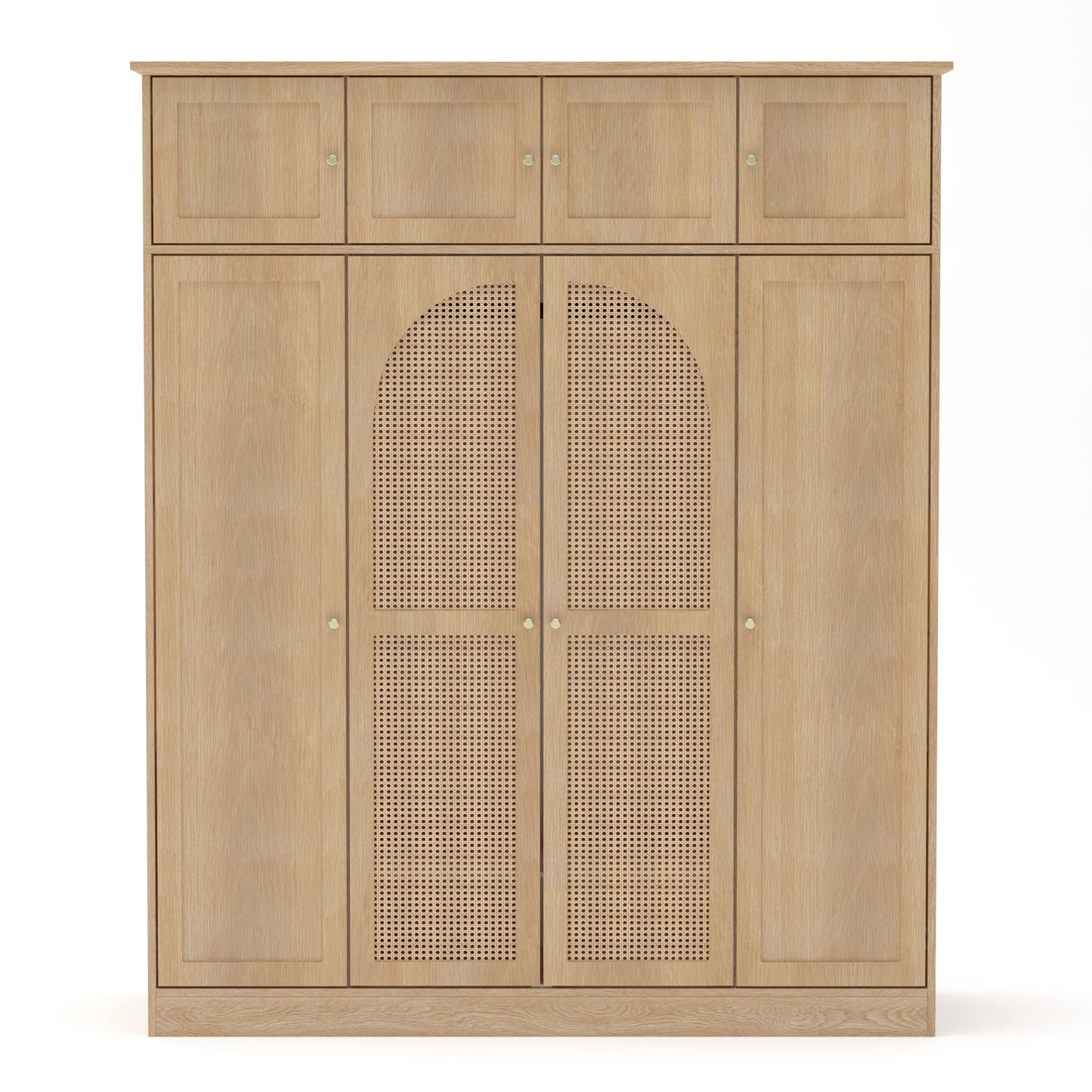KEIKI Large 8 Doors Wood Wardrobe, Bedroom Tall Armoire Closet Organizer w/Rattan Decorative, Hanging Rails & Adjustable Shelves Clothes Storage Cabinet for Garage & Laundry Room, Brown