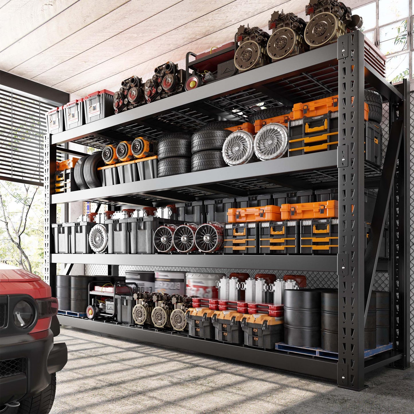Bepatio 77"W Heavy Duty Garage Shelving, 8000LBS Industrial Storage Shelves, 4 Tier Adjustable Metal Shelving Unit, Large Steel Storage Rack for Basement, Warehouse, Commercial Use, 24"D x 72"H, Black
