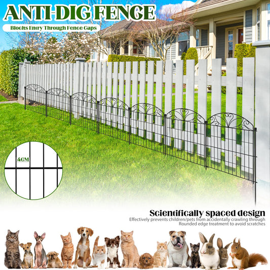 6 Panels No Dig Garden Fence with Gate, 32" H x 11ft, Decorative Metal Animal Barrier Dog Fence Outdoor for Yard, Walk-Through Iron Fencing for Flower Bed, Patio & Vegetable Garden