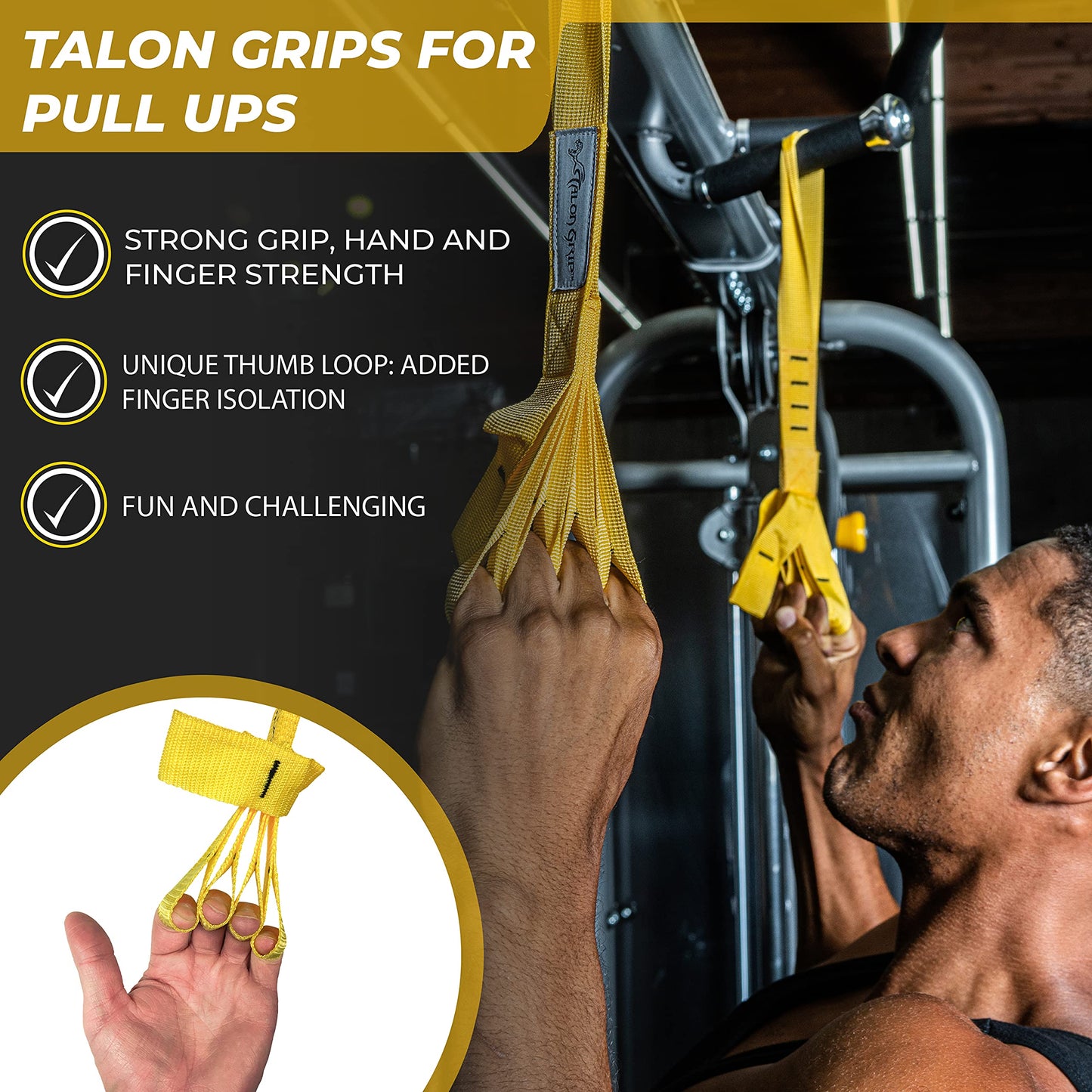 Core Prodigy Talon Pull Up Grip Strength Straps - Nylon Finger and Thumb Loops for Grip Training, Rock Climbing, Hand and Arm Strengthener (Black)