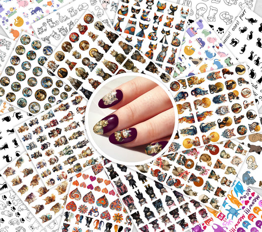 Vintage Cat Art ~ 20 Sheets Nail Stickers ~ Artistic Cats Ornate Illustrations Whimsical Portraits and Decorative Patterns Creating Unique Expressive Manicure Styles and Charming Feline Themed Art