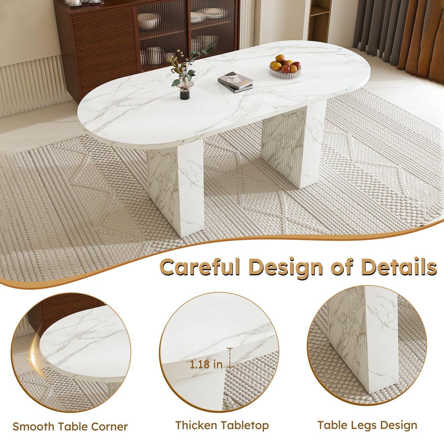 KEIKI 63" Oval Dining Room Table, Modern Farmhouse Dining Table for 6, Kitchen Table with Marble Top and Sturdy Wood Metal Base, Scratch Resistant Surface, White Marble