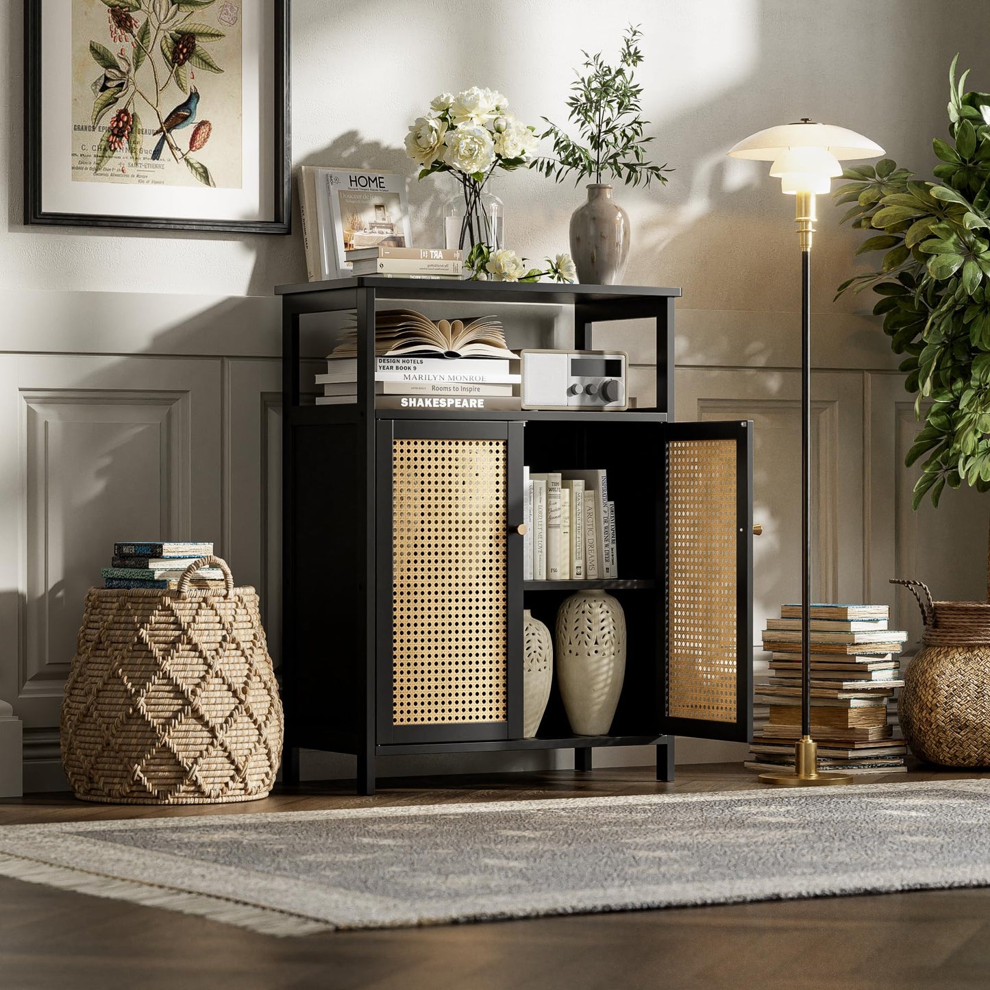 vovala Bamboo Floor Rattan Cabinet, Bathroom Storage Organizer Rack with 2 Doors and 1 Shelf, Space Saving Wood Kitchen Cupboard, Hallway Side Table, Living Room Freestanding Stand (Black)