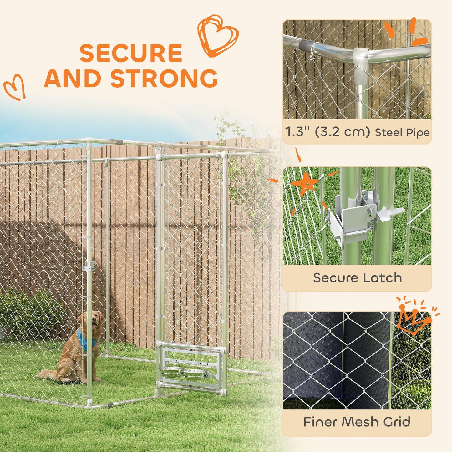 PawHut Large Outdoor Dog Kennel, Heavy Duty Galvanized Chain Link Dog Kennel Outside with Waterproof & UV-Resistant Cover, Rotating Bowls Door, for M&L Breeds, Chickens, Ducks, 20' x 7.5' x 7.5'