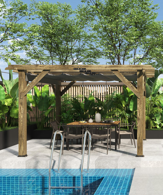 Perbyste 10'X 12' Outdoor Pergola, Wood Pergola with Retractable Shade Canopy for Backyards, Gardens, Patios, Deck - Charcoal Gray