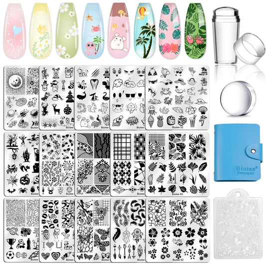 Biutee Nail Stamping Plates Set 15PCS Nail Art Stamper Scraper Nail Art Stamping Kit with Storage Bag Gift Box Nail Stamp Template Kit Lace Flower Butterfly Star Holiday Design