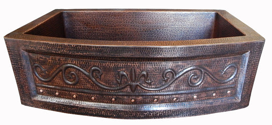 Rounded Apron Front Farmhouse Kitchen Mexican Copper Sink Fleur De Lis