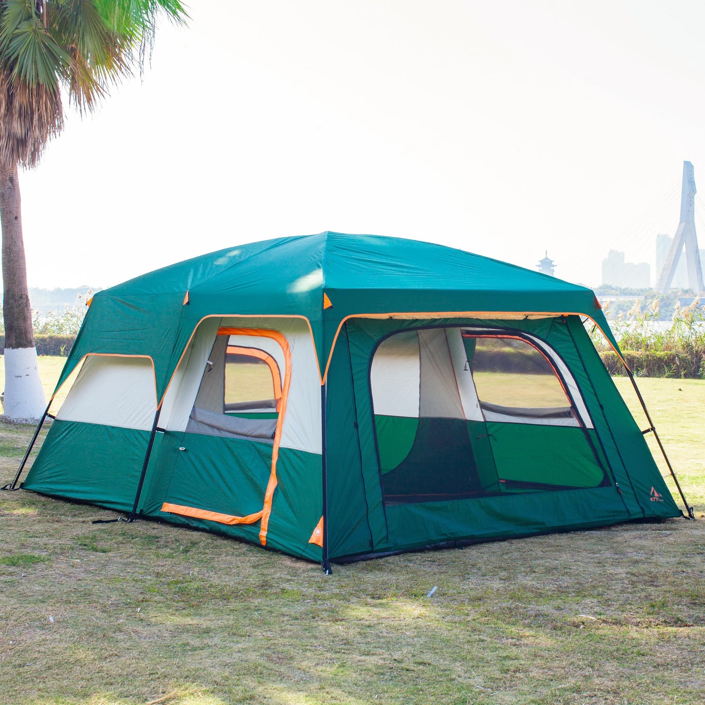 KTT Extra Large Tent 10-12 Person(B),Family Cabin Tents,2 Rooms,3 Doors and 3 Windows with Mesh,Straight Wall,Waterproof,Double Layer,Big Tent for Outdoor,Picnic,Camping,Family Gathering(Green)
