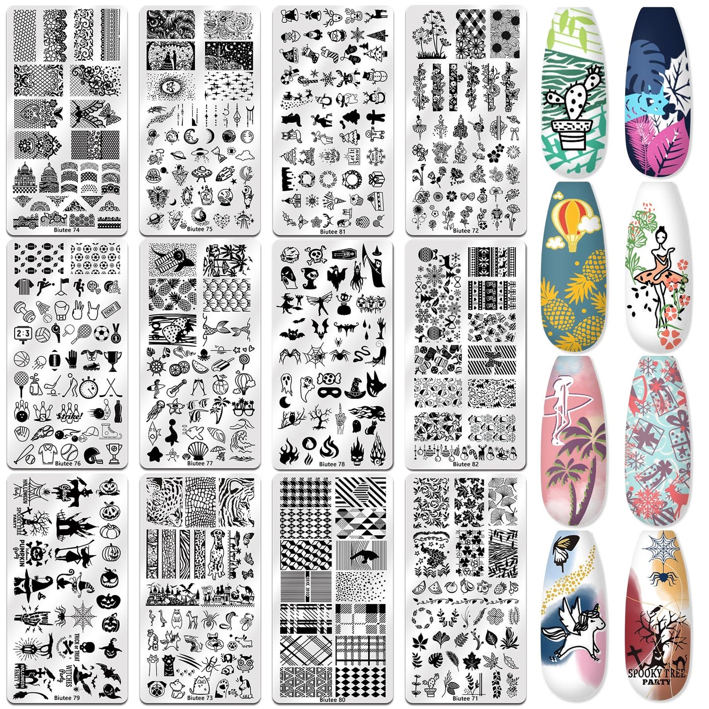 Biutee Nail Stamper Kit 22Pcs Gel Nail Stamping Kit 12Pcs Nail Stamping Plates 8Pcs Stamping Polish Gel, Silicone Stamper Scraper Flower Lace Star Stripe Holiday Stamp Template Gift for Women