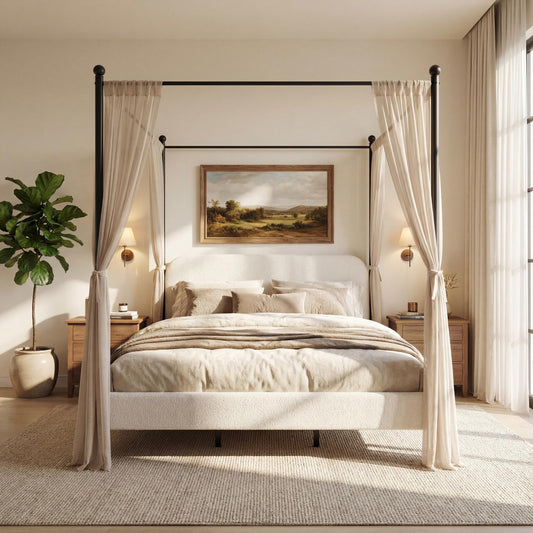 Christopher Knight Home King Size Upholstered Canopy Bed Frame with Boucle Fabric, Curved Headboard and Iron Legs, Modern Platform Bed Frame with Slats No Box Spring Needed, White
