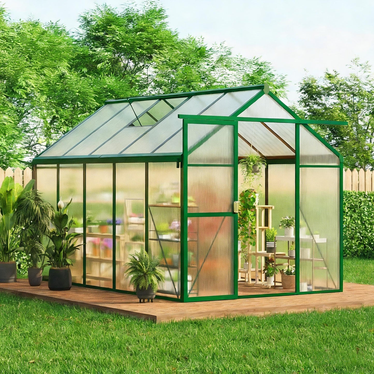 6X10FT Greenhouse, Aluminum Polycarbonate House, Green Houses for Outside with Sliding Doors, Outdoor Greenhouse with Ajustable Roof Vent, Withstands Bad Weather for Garden, or Backyard, Green