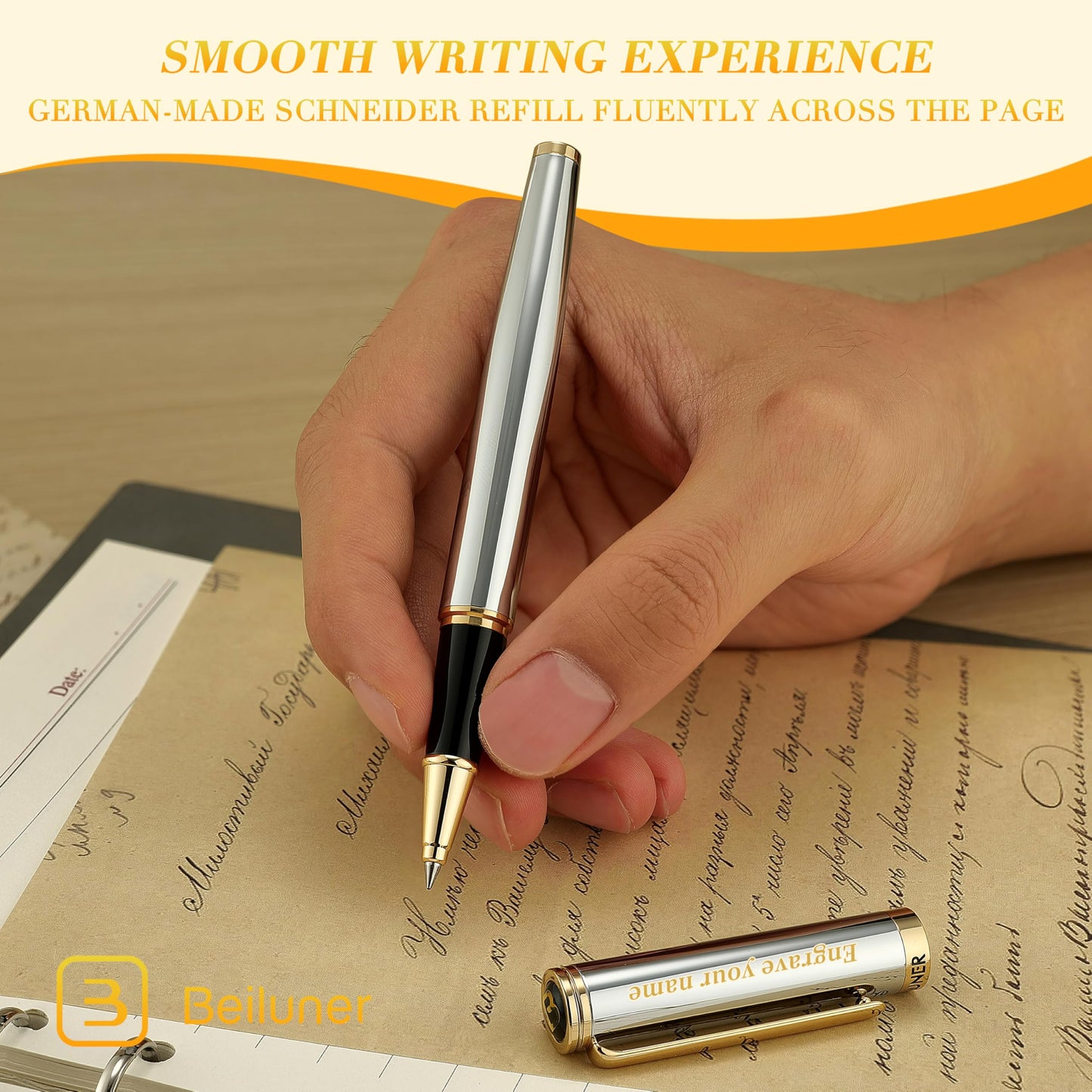 BEILUNER Silver Chrome Personalized Pen, Stunning Luxury with 24K Gold Finish,Noble and Elegant Designs,Schneider Ink Refill, Best Gift Pen for Men & Women, Graduation, Executive Office, Fancy Pens