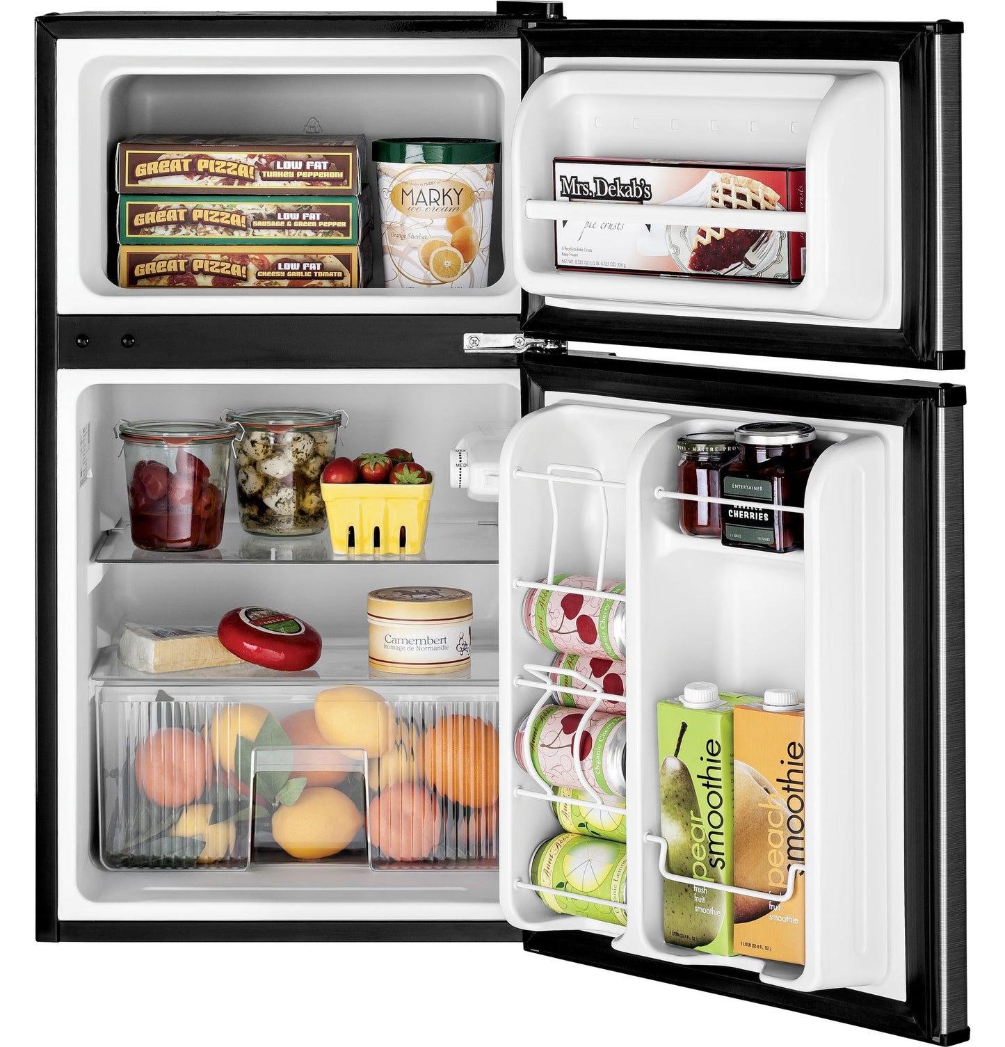 GE Mini Fridge With Freezer | 3.1 Cubic Ft. | Double-Door Design With Glass Shelves, Crisper Drawer & Spacious Freezer | Small Refrigerator Perfect for the Garage, Dorm Room, or Bedroom | Clean Steel