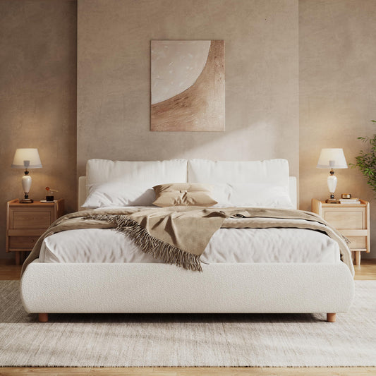 Christopher Knight Home Hazel Queen Size Bed Frame, Upholstered Platform Bed, Soft Boucle Queen Headboard, Removable Pillows Headboard, Wood Slats Support, No Box Spring Needed, Easy Assembly, White
