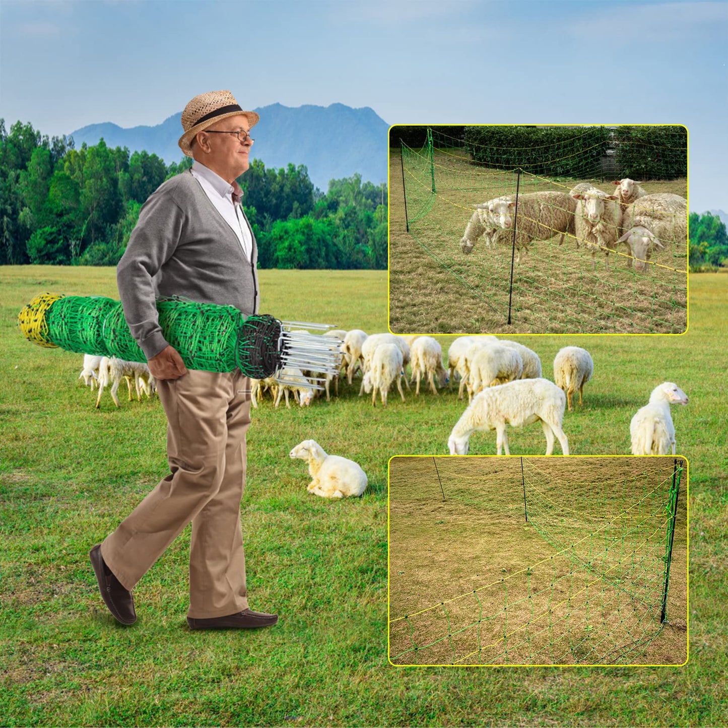 TMEE Electric Goat Sheep Fencing Livestock Netting Fence with 14 Posts, Double Spiked, Portable Mesh for Lambs, Deer, Hogs, Dogs, 35.5" H x 164' L, Green