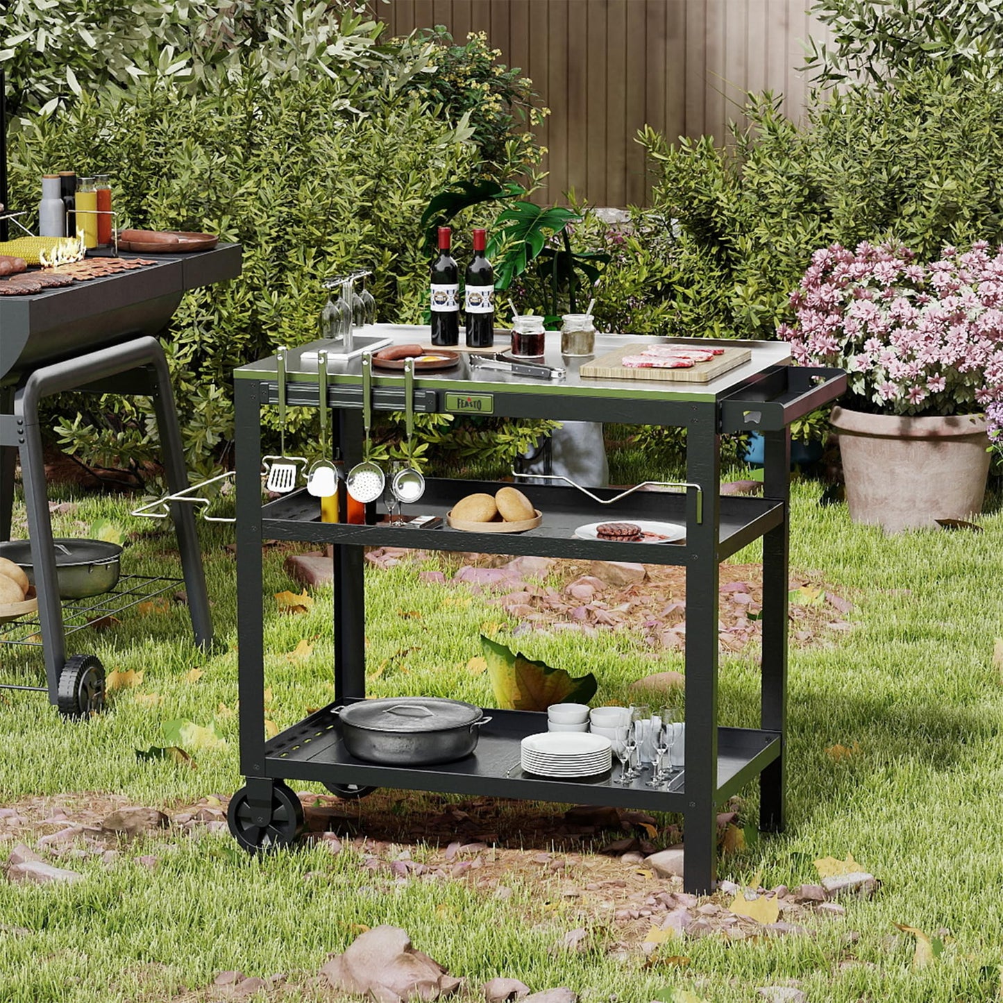 Feasto 31.5"x18" Outdoor Stainless Steel Grill Table, Movable Grill Prep Table Table with Seasoning Rack & Magnetic Tools Holder, Backyard BBQ Kitchen Food Prep Table for Portable Griddle & Pizza Oven