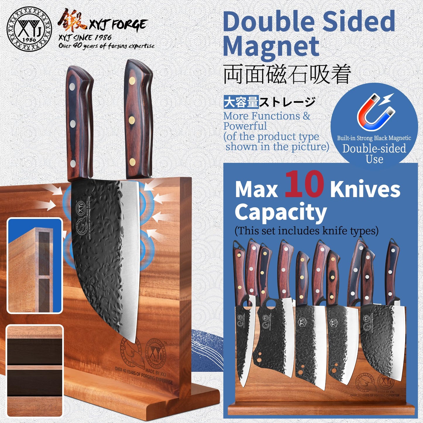 XYJ Authentic Since 1986,Knife Set with Block,Sharpening Stick,Cutting Board,Gloves,Shear,Washing Cloth,Peeler,High Carbon Steel Blades,Kitchen Knife Block Set,Bread Slicing Cutting Butcher Knives