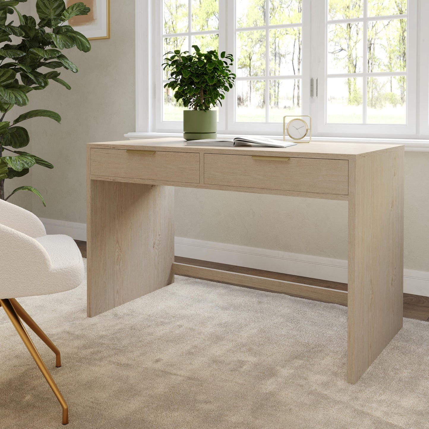 Martha Stewart Kayden Home Office Modular Desk with 2 Drawers in Light Natural with Brushed Gold Hardware