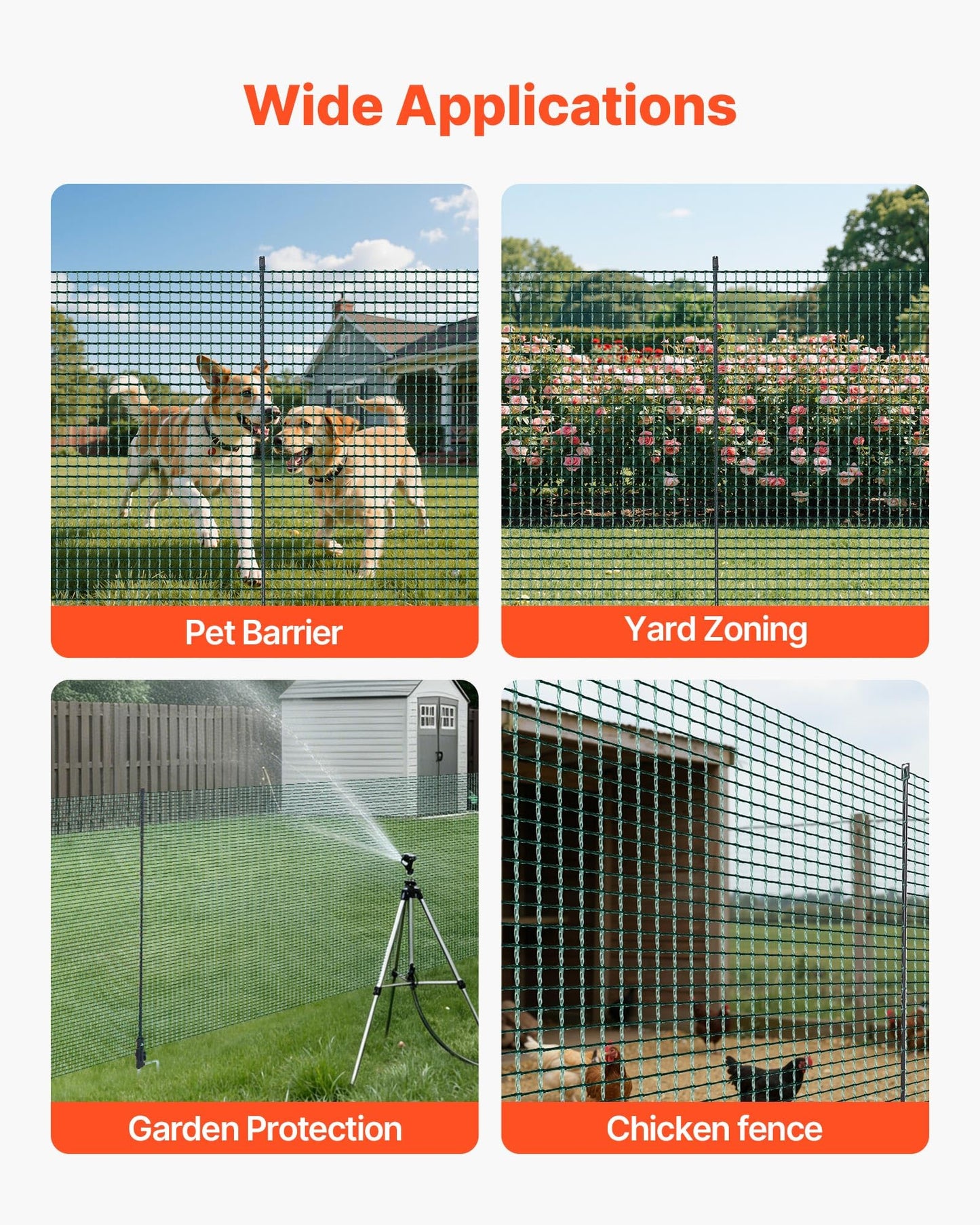 VEVOR Temporary Fence with Posts, 3 x 49.2 FT Plastic Mesh Fencing, Garden Safety Fences Netting with Double-Spike Stakes & Guy Ropes, Temporary Fence for Dogs, Chickens, Plants, Outdoor Yards