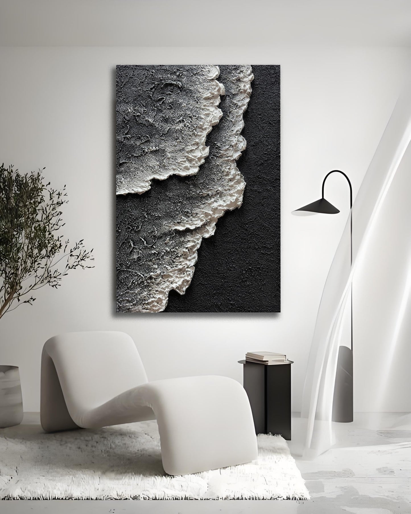 moshinart 24 x 36in Hand-Painted Oil Painting 3D Texture Black White Grey Modern Minimalist Black Abstract Wall Art, Home Office Wall Decoration Sea Wave 7