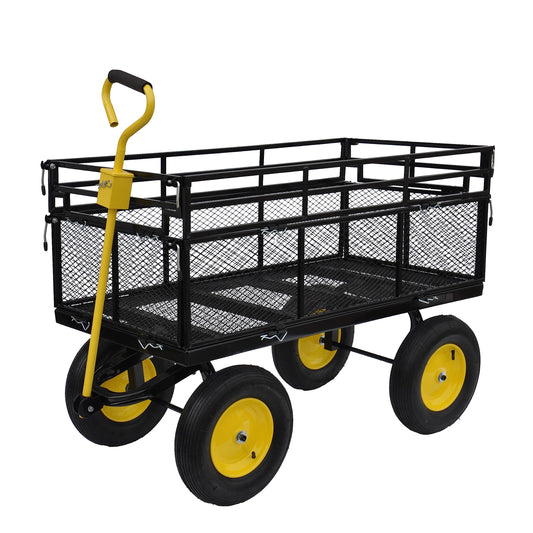Heavy-Duty Iron Garden Cart Wagon with 1100 lbs Capacity, 15 inch Pneumatic Tires for Firewood, Debris & Outdoor Tasks - 55" L x 24" W x 46.8" H,Yellow & Black