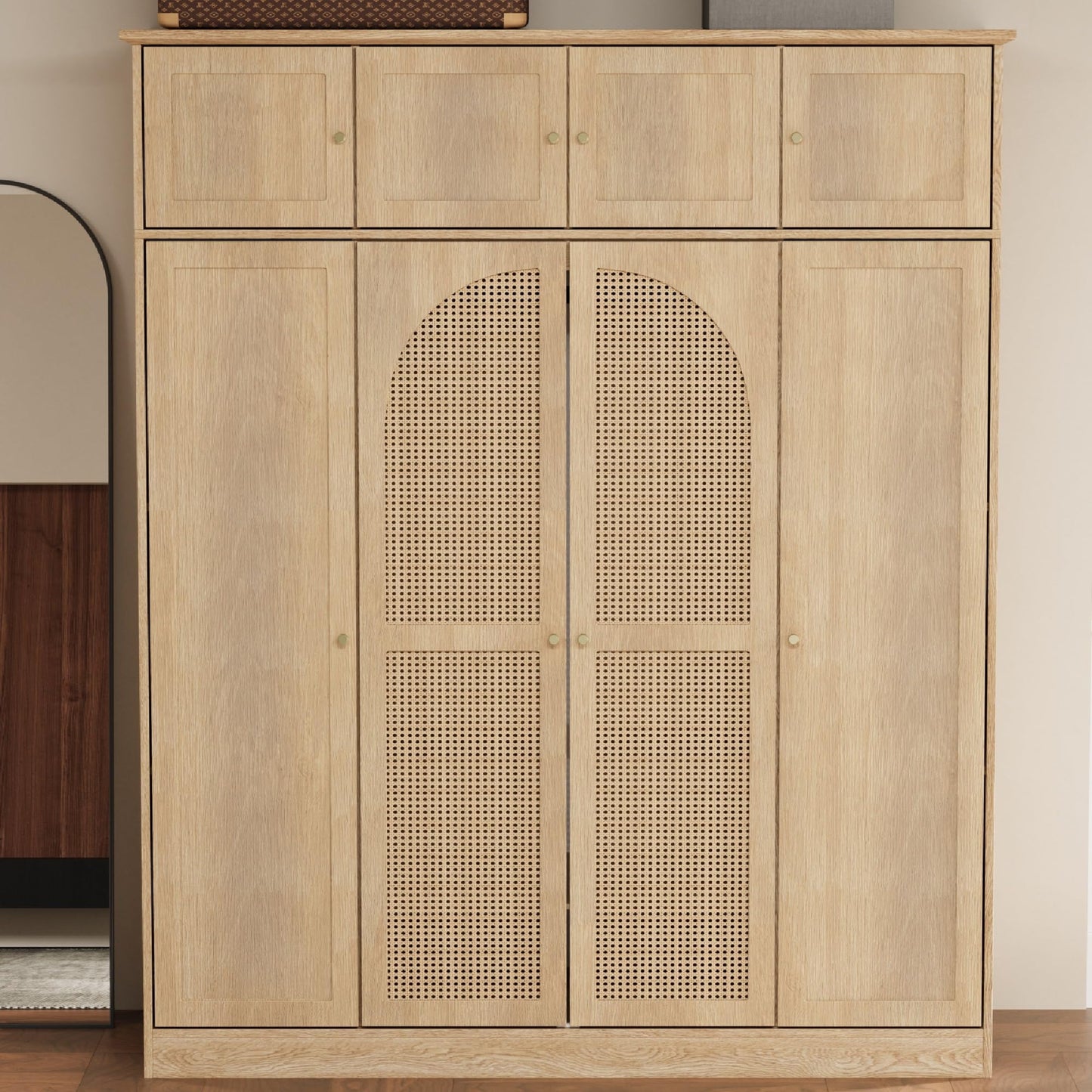 KEIKI Large 8 Doors Wood Wardrobe, Bedroom Tall Armoire Closet Organizer w/Rattan Decorative, Hanging Rails & Adjustable Shelves Clothes Storage Cabinet for Garage & Laundry Room, Brown