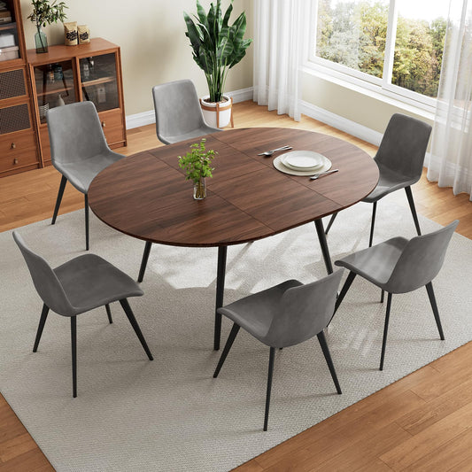 HIPIHOM 43.3"-59.1" Extendable Round Dining Table Set of 6, Mid Century Wooden Round Kitchen Table, Coffee Table for 4-6 Person,6 Gray PU Leather Chair