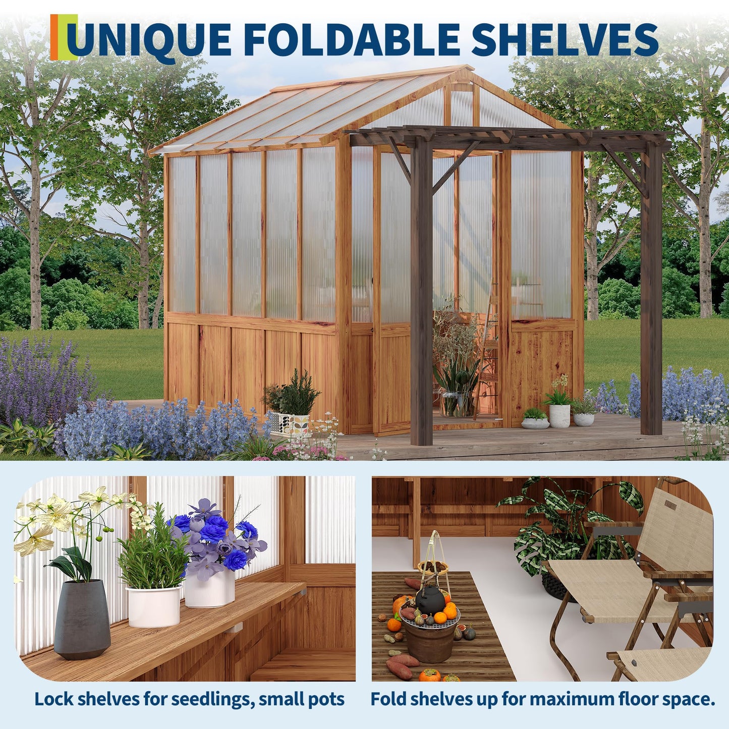 8x13FT Wooden Greenhouse with Pergola – Cedar Frame, Roof Vent & Polycarbonate Walk-in Greenhouse for Outdoor