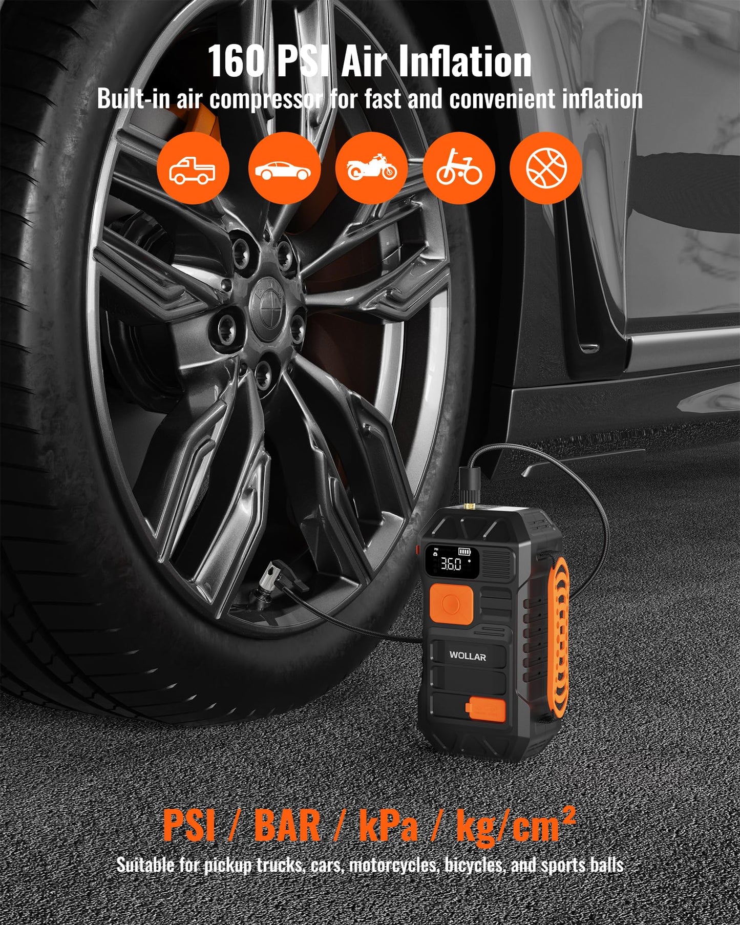 WOLLAR 4000A Jump Starter with 160PSI Air Compressor - Car Battery Jumper Starter, 88.8Wh Portable Tire Inflator, 12V Jump Box, 24000mAh Powerbank, Dual Flashlight for 8.5L Gas & 7.5L Diesel Engines